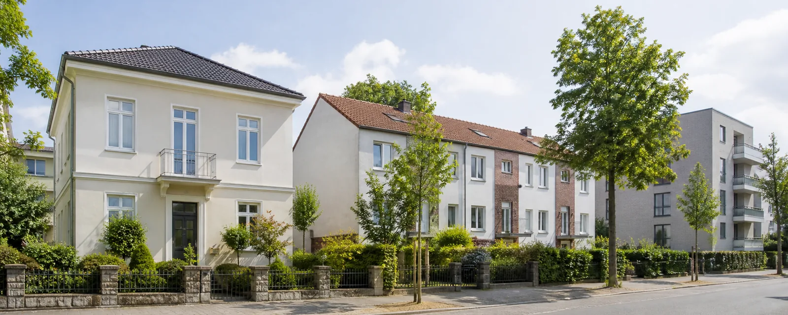 Helle mitteleuropäische Wohnfassaden mit Vorgärten in einer ruhigen Straße